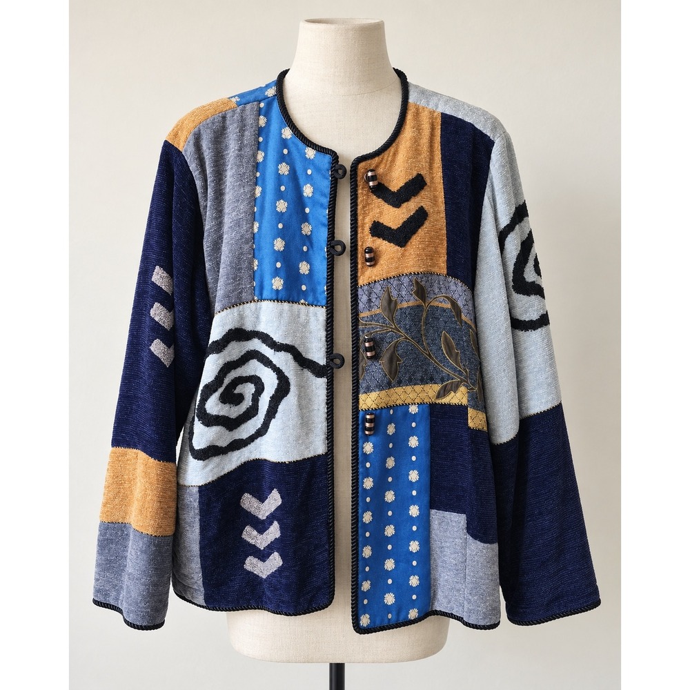 Indigo Moon Blue Patchwork Chenille Embroidered Wearable Art Jacket Size M.